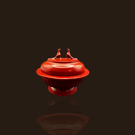 Red Lacquered Burmese Pot With Two Love Birds
