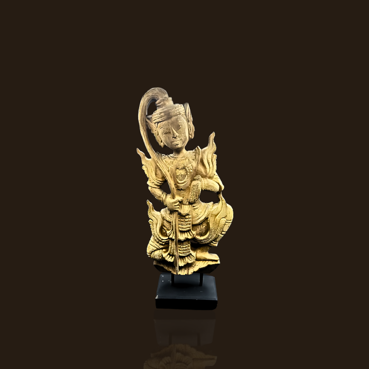 Wooden Thai Statue With Metal-Wood Base